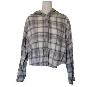 American Eagle Crop Gray Plaid Hooded Shirt Size M